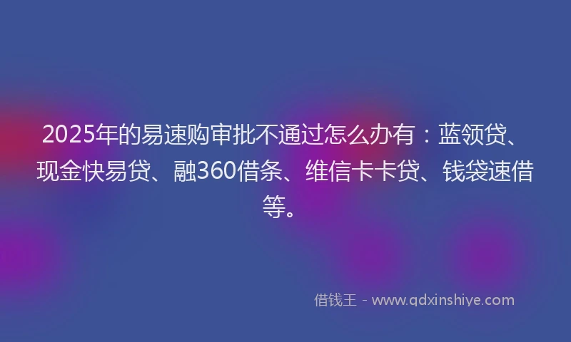 2025年的易速购审批不通过怎么办有：蓝领贷、现金快易贷、融360借条、维信卡卡贷、钱袋速借等。