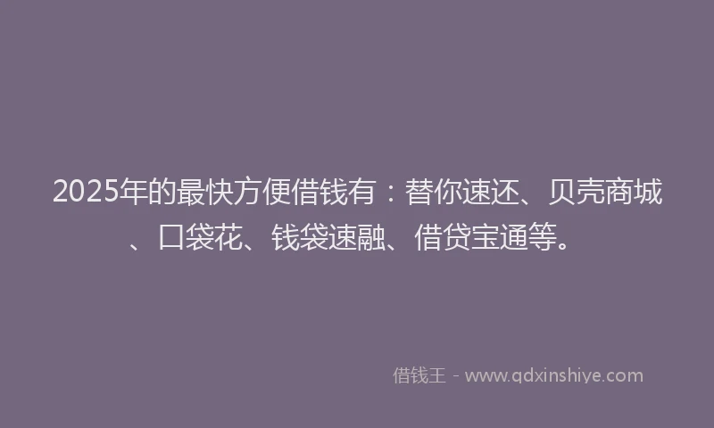 2025年的最快方便借钱有：替你速还、贝壳商城、口袋花、钱袋速融、借贷宝通等。