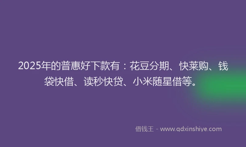 2025年的普惠好下款有：花豆分期、快莱购、钱袋快借、读秒快贷、小米随星借等。