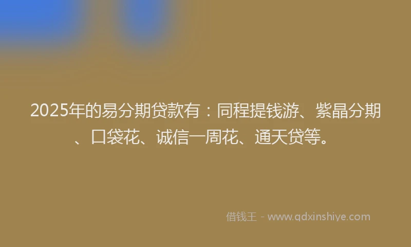 2025年的易分期贷款有：同程提钱游、紫晶分期、口袋花、诚信一周花、通天贷等。