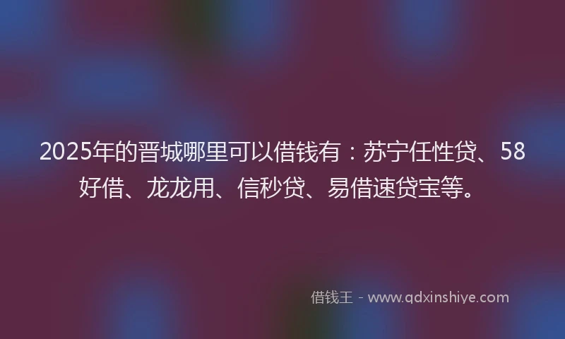 2025年的晋城哪里可以借钱有：苏宁任性贷、58好借、龙龙用、信秒贷、易借速贷宝等。