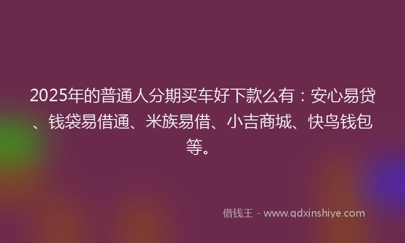 2025年的普通人分期买车好下款么有：安心易贷、钱袋易借通、米族易借、小吉商城、快鸟钱包等。