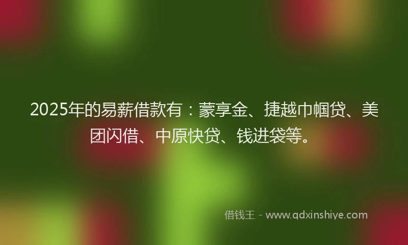 2025年的易薪借款有：蒙享金、捷越巾帼贷、美团闪借、中原快贷、钱进袋等。