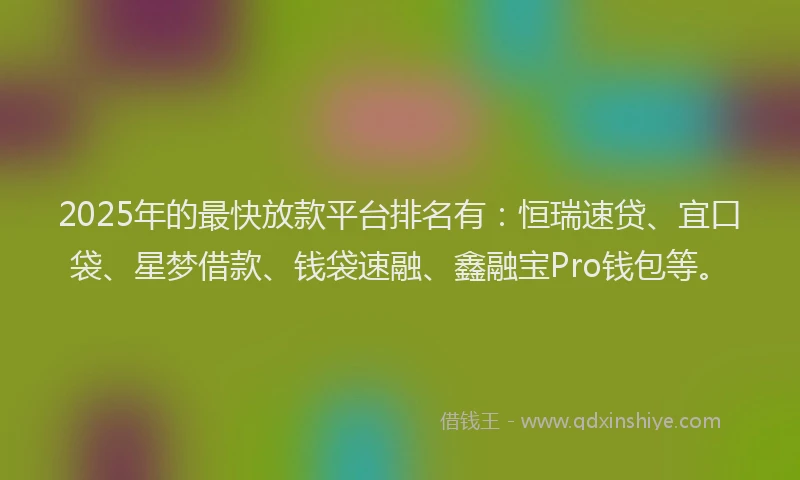 2025年的最快放款平台排名有：恒瑞速贷、宜口袋、星梦借款、钱袋速融、鑫融宝Pro钱包等。