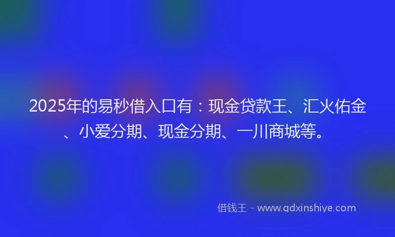 2025年的易秒借入口有：现金贷款王、汇火佑金、小爱分期、现金分期、一川商城等。