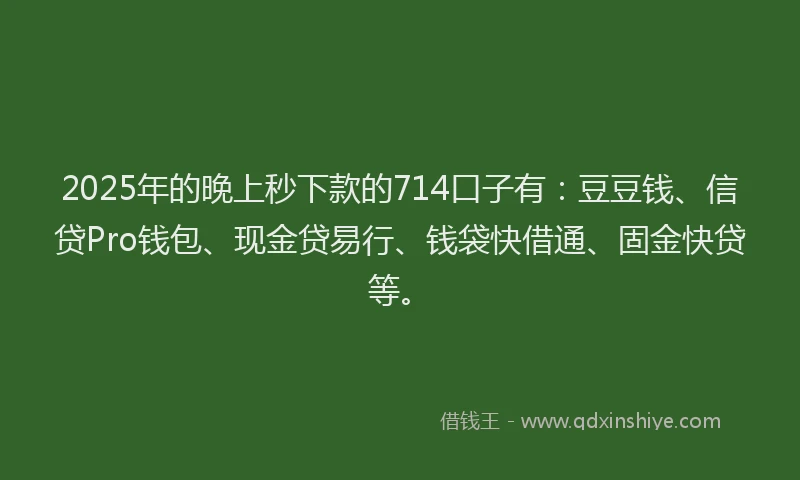 2025年的晚上秒下款的714口子有：豆豆钱、信贷Pro钱包、现金贷易行、钱袋快借通、固金快贷等。
