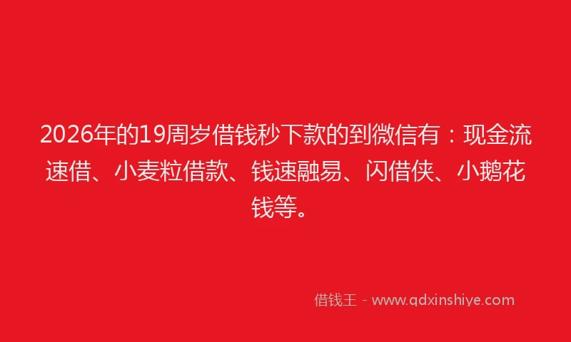 2026年的19周岁借钱秒下款的到微信有：现金流速借、小麦粒借款、钱速融易、闪借侠、小鹅花钱等。