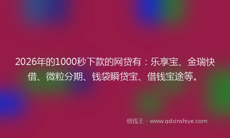 2026年的1000秒下款的网贷有:乐享宝、金瑞快借、微粒分期、钱袋瞬贷宝、借钱宝途等。