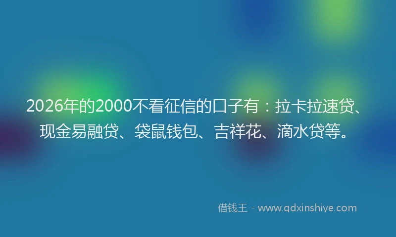 2026年的2000不看征信的口子有：拉卡拉速贷、现金易融贷、袋鼠钱包、吉祥花、滴水贷等。