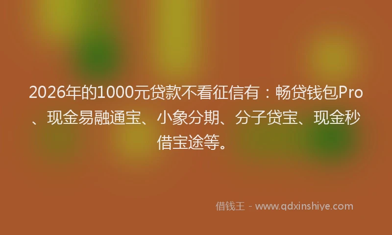 2026年的1000元贷款不看征信有:畅贷钱包Pro、现金易融通宝、小象分期、分子贷宝、现金秒借宝途等。