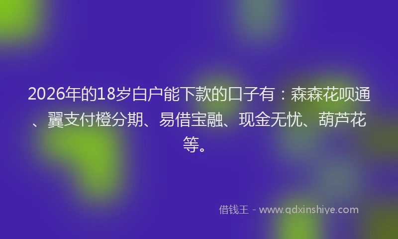 2026年的18岁白户能下款的口子有：森森花呗通、翼支付橙分期、易借宝融、现金无忧、葫芦花等。