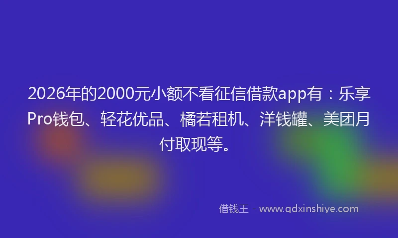 2026年的2000元小额不看征信借款app有:乐享Pro钱包、轻花优品、橘若租机、洋钱罐、美团月付取现等。