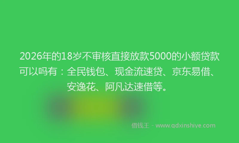 2026年的18岁不审核直接放款5000的小额贷款可以吗有:全民钱包、现金流速贷、京东易借、安逸花、阿凡达速借等。