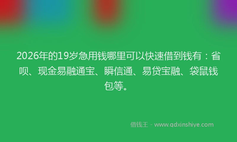2026年的19岁急用钱哪里可以快速借到钱有:省呗、现金易融通宝、瞬信通、易贷宝融、袋鼠钱包等。