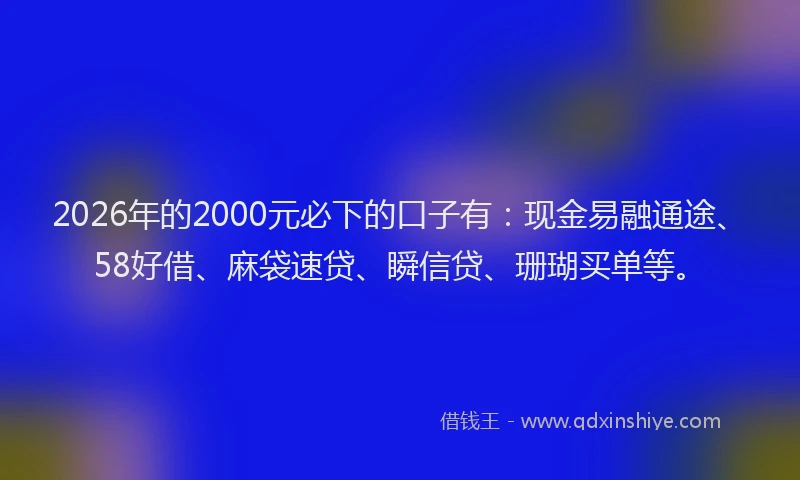 2026年的2000元必下的口子有:现金易融通途、58好借、麻袋速贷、瞬信贷、珊瑚买单等。