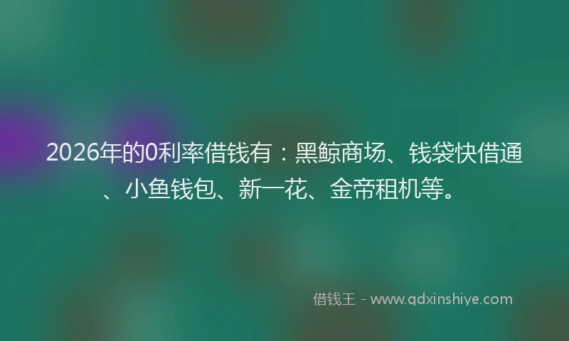2026年的0利率借钱有:黑鲸商场、钱袋快借通、小鱼钱包、新一花、金帝租机等。