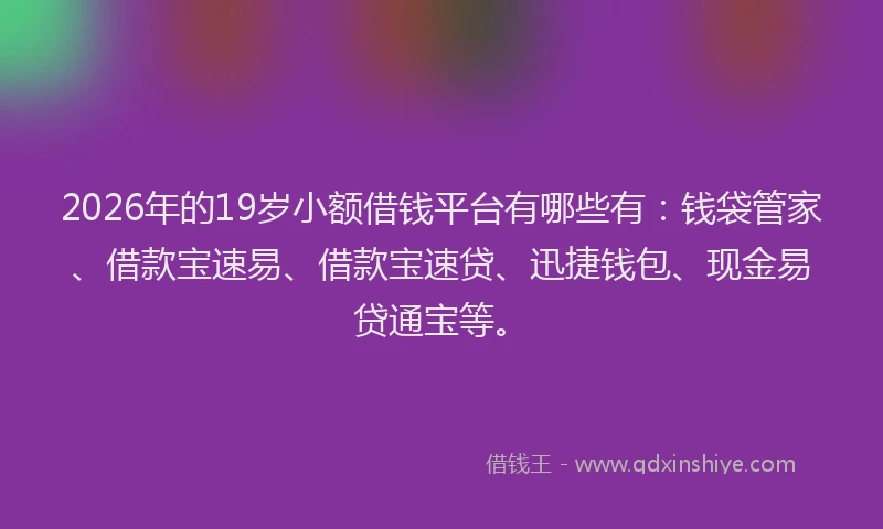 2026年的19岁小额借钱平台有哪些有:钱袋管家、借款宝速易、借款宝速贷、迅捷钱包、现金易贷通宝等。