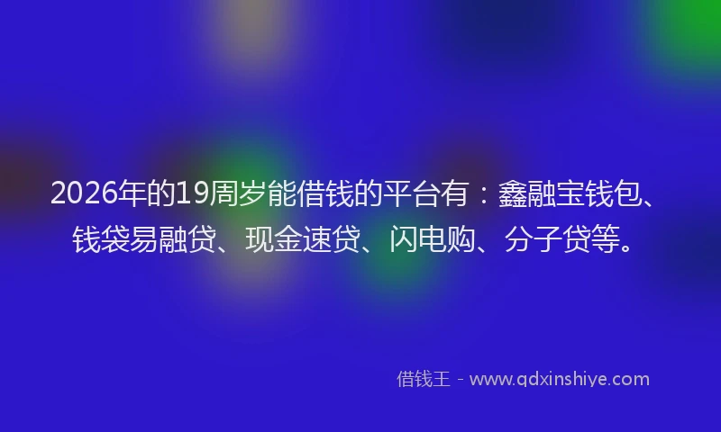 2026年的19周岁能借钱的平台有：鑫融宝钱包、钱袋易融贷、现金速贷、闪电购、分子贷等。