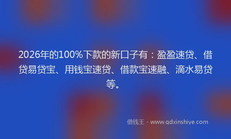 2026年的100%下款的新口子有：盈盈速贷、借贷易贷宝、用钱宝速贷、借款宝速融、滴水易贷等。