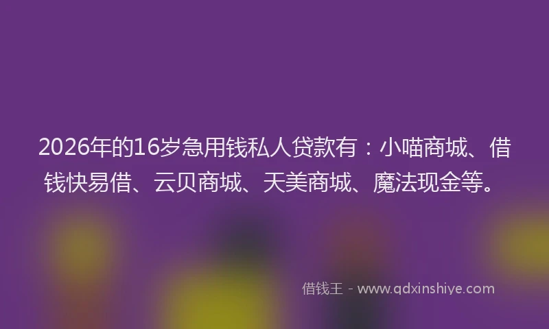 2026年的16岁急用钱私人贷款有:小喵商城、借钱快易借、云贝商城、天美商城、魔法现金等。