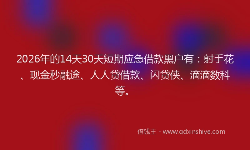 2026年的14天30天短期应急借款黑户有:射手花、现金秒融途、人人贷借款、闪贷侠、滴滴数科等。