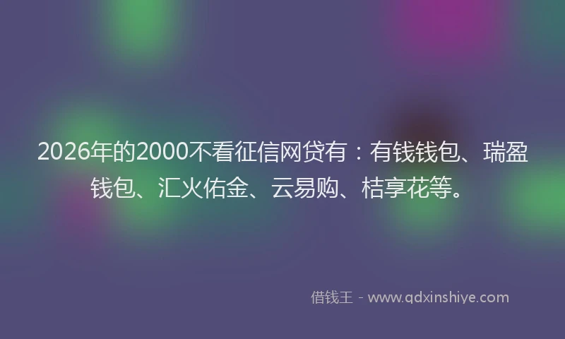 2026年的2000不看征信网贷有：有钱钱包、瑞盈钱包、汇火佑金、云易购、桔享花等。