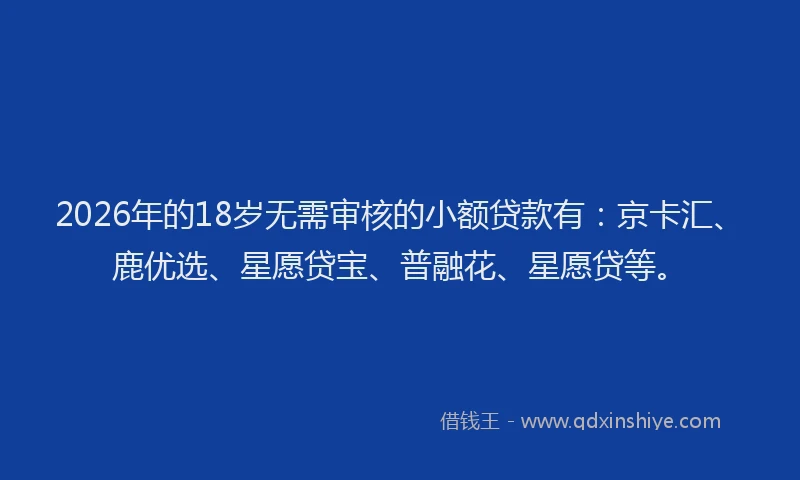 2026年的18岁无需审核的小额贷款有：京卡汇、鹿优选、星愿贷宝、普融花、星愿贷等。