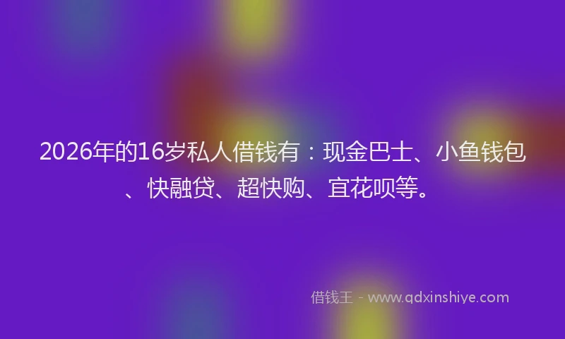 2026年的16岁私人借钱有：现金巴士、小鱼钱包、快融贷、超快购、宜花呗等。