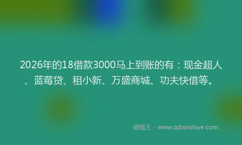 2026年的18借款3000马上到账的有：现金超人、蓝莓贷、租小新、万盛商城、功夫快借等。