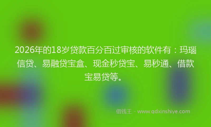 2026年的18岁贷款百分百过审核的软件有:玛瑙信贷、易融贷宝盒、现金秒贷宝、易秒通、借款宝易贷等。