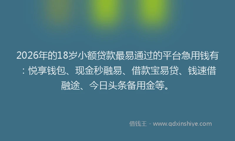 2026年的18岁小额贷款最易通过的平台急用钱有:悦享钱包、现金秒融易、借款宝易贷、钱速借融途、今日头条备用金等。