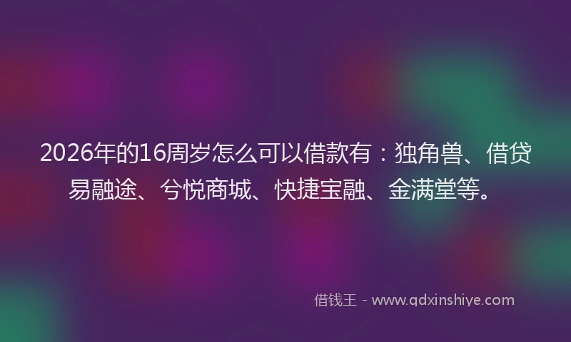 2026年的16周岁怎么可以借款有：独角兽、借贷易融途、兮悦商城、快捷宝融、金满堂等。