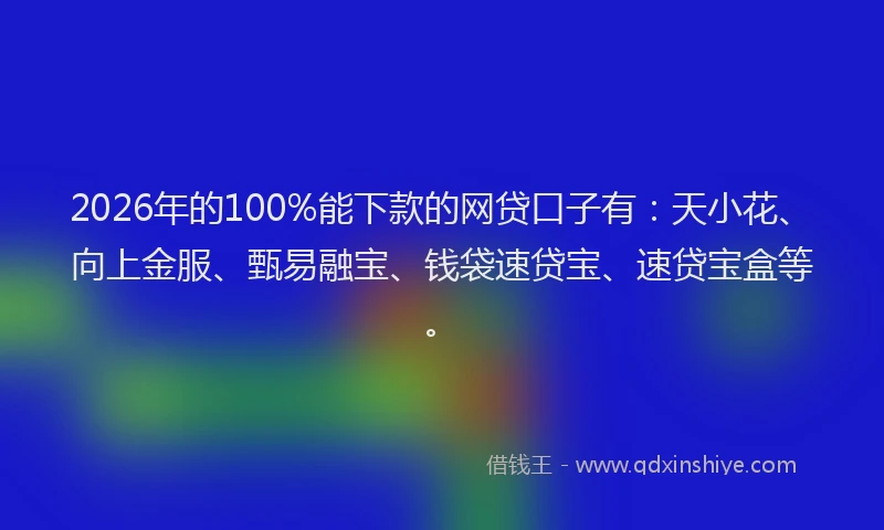 2026年的100%能下款的网贷口子有:天小花、向上金服、甄易融宝、钱袋速贷宝、速贷宝盒等。
