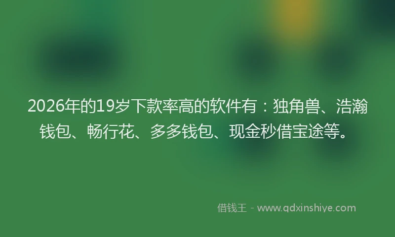 2026年的19岁下款率高的软件有：独角兽、浩瀚钱包、畅行花、多多钱包、现金秒借宝途等。