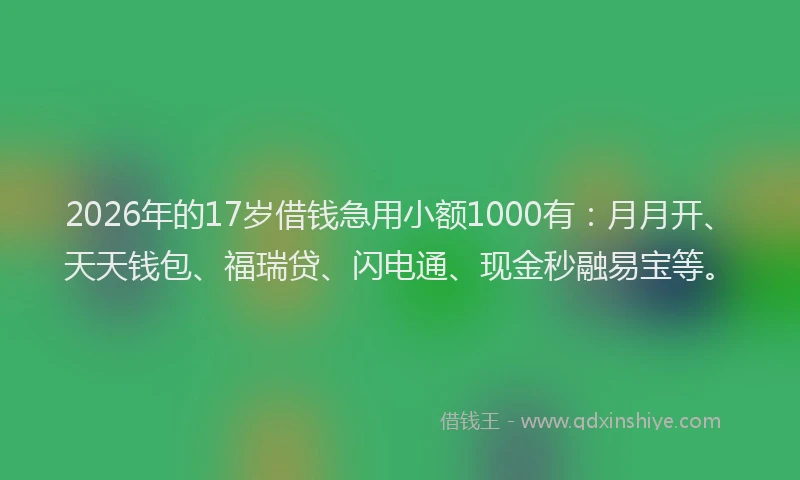 2026年的17岁借钱急用小额1000有:月月开、天天钱包、福瑞贷、闪电通、现金秒融易宝等。