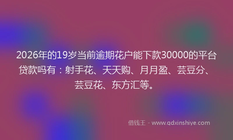 2026年的19岁当前逾期花户能下款30000的平台贷款吗有:射手花、天天购、月月盈、芸豆分、芸豆花、东方汇等。