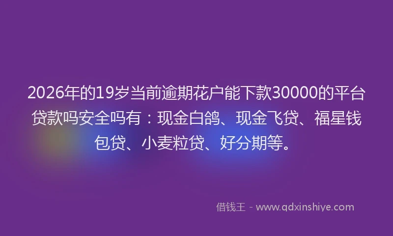 2026年的19岁当前逾期花户能下款30000的平台贷款吗安全吗有:现金白鸽、现金飞贷、福星钱包贷、小麦粒贷、好分期等。