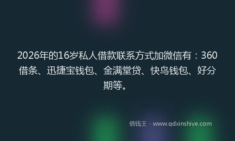 2026年的16岁私人借款联系方式加微信有:360借条、迅捷宝钱包、金满堂贷、快鸟钱包、好分期等。