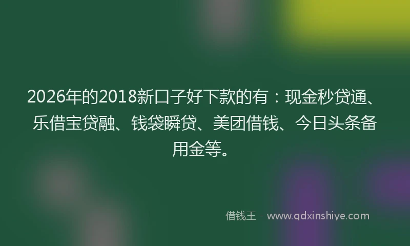 2026年的2018新口子好下款的有:现金秒贷通、乐借宝贷融、钱袋瞬贷、美团借钱、今日头条备用金等。
