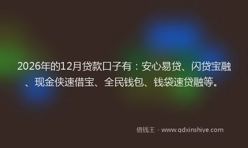 2026年的12月贷款口子有：安心易贷、闪贷宝融、现金侠速借宝、全民钱包、钱袋速贷融等。