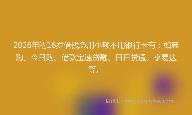 2026年的16岁借钱急用小额不用银行卡有:如意购、今日购、借款宝速贷融、日日贷通、享易达等。
