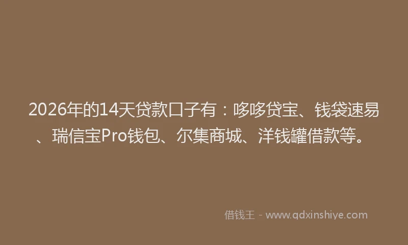 2026年的14天贷款口子有：哆哆贷宝、钱袋速易、瑞信宝Pro钱包、尔集商城、洋钱罐借款等。