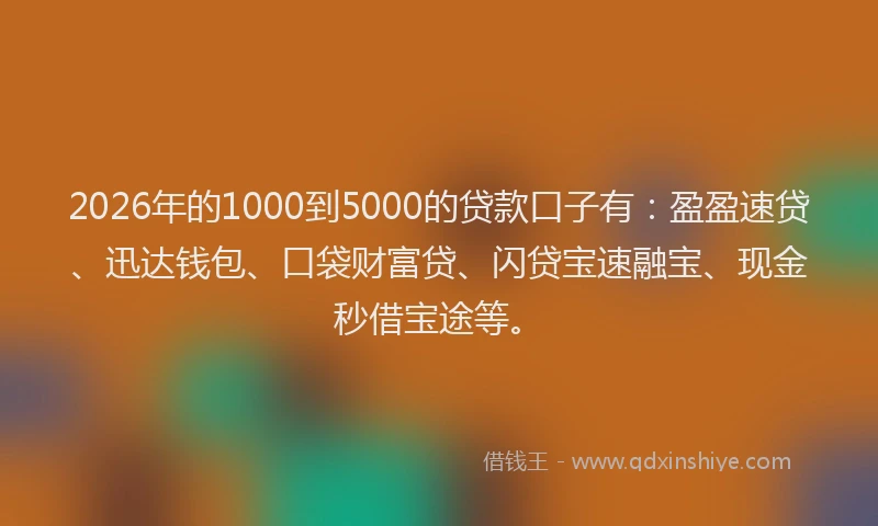 2026年的1000到5000的贷款口子有:盈盈速贷、迅达钱包、口袋财富贷、闪贷宝速融宝、现金秒借宝途等。