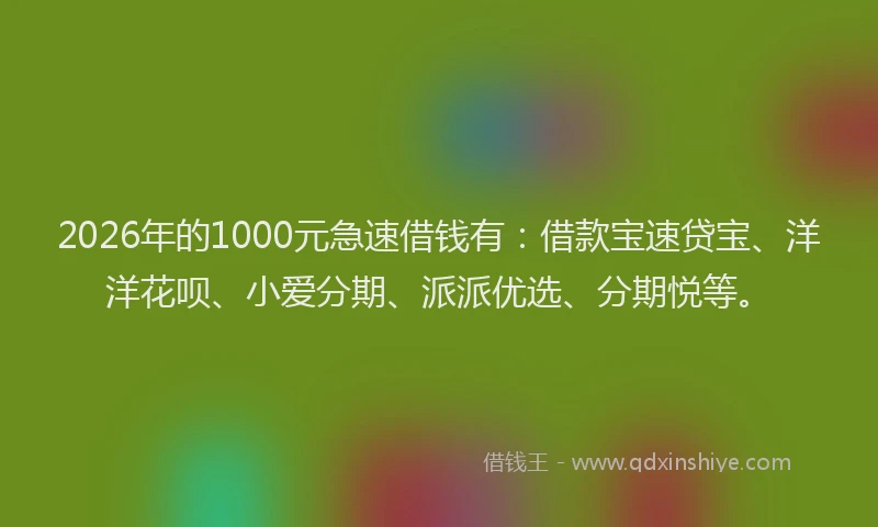2026年的1000元急速借钱有:借款宝速贷宝、洋洋花呗、小爱分期、派派优选、分期悦等。