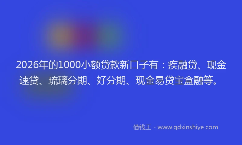 2026年的1000小额贷款新口子有：疾融贷、现金速贷、琉璃分期、好分期、现金易贷宝盒融等。