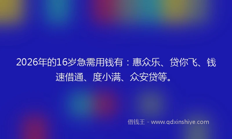 2026年的16岁急需用钱有：惠众乐、贷你飞、钱速借通、度小满、众安贷等。
