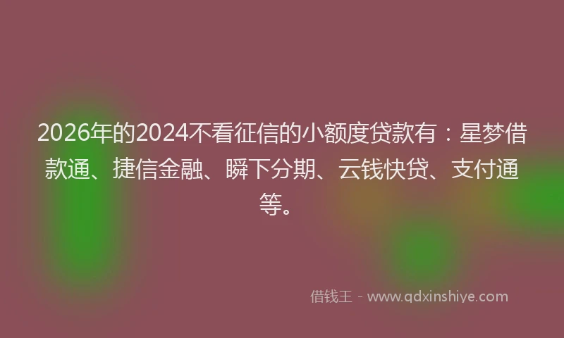 2026年的2024不看征信的小额度贷款有：星梦借款通、捷信金融、瞬下分期、云钱快贷、支付通等。