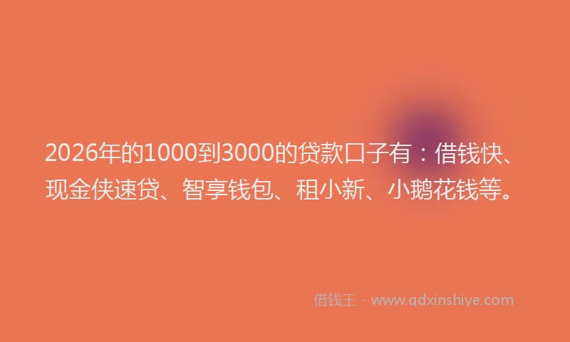 2026年的1000到3000的贷款口子有:借钱快、现金侠速贷、智享钱包、租小新、小鹅花钱等。