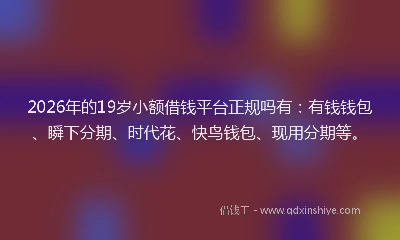 2026年的19岁小额借钱平台正规吗有:有钱钱包、瞬下分期、时代花、快鸟钱包、现用分期等。