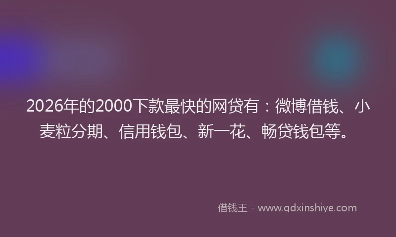2026年的2000下款最快的网贷有：微博借钱、小麦粒分期、信用钱包、新一花、畅贷钱包等。